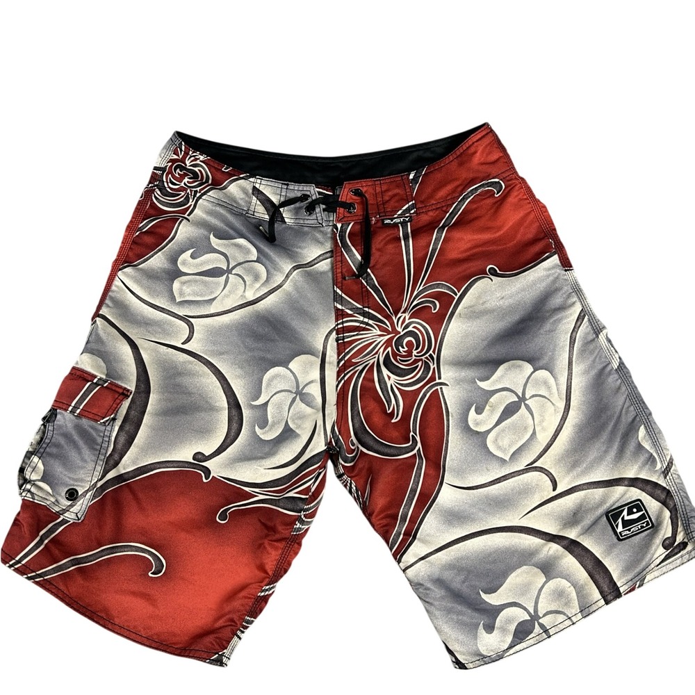 Rusty Board Shorts Men's 34 Red Gray Floral Surf Swim Y2K w/ Wax Comb